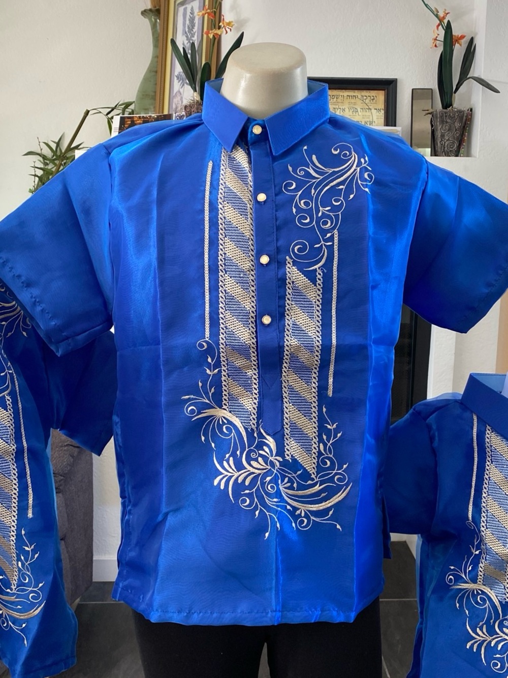 Men's Embroidered Bright Blue Short-Sleeve Barong Tagalog Polo Shirt